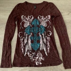 Sweet Girl Sheer Brown Cross Long Sleeve Size L